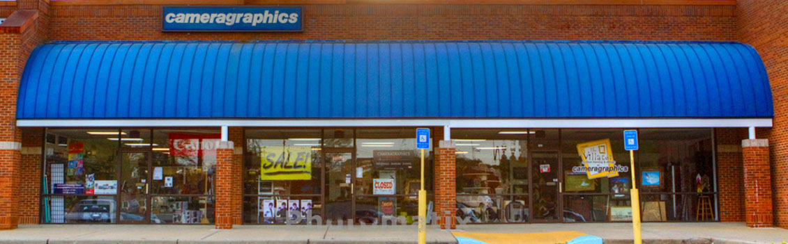 background photo of the front of our store at sunset. 